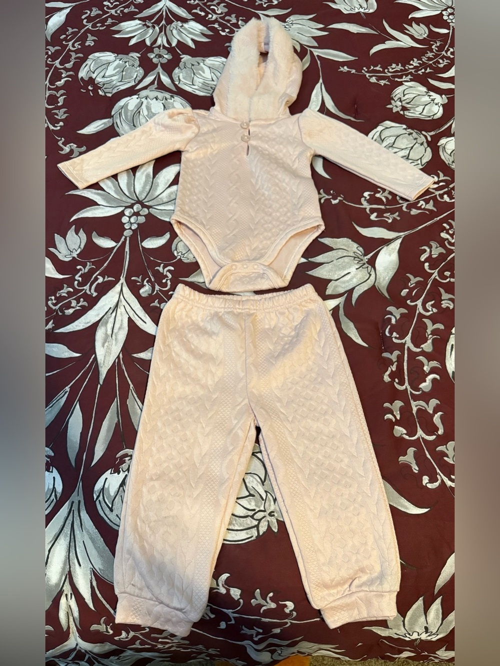 Light pink Quilted Baby Hoodie Bodysuit & Pants Set